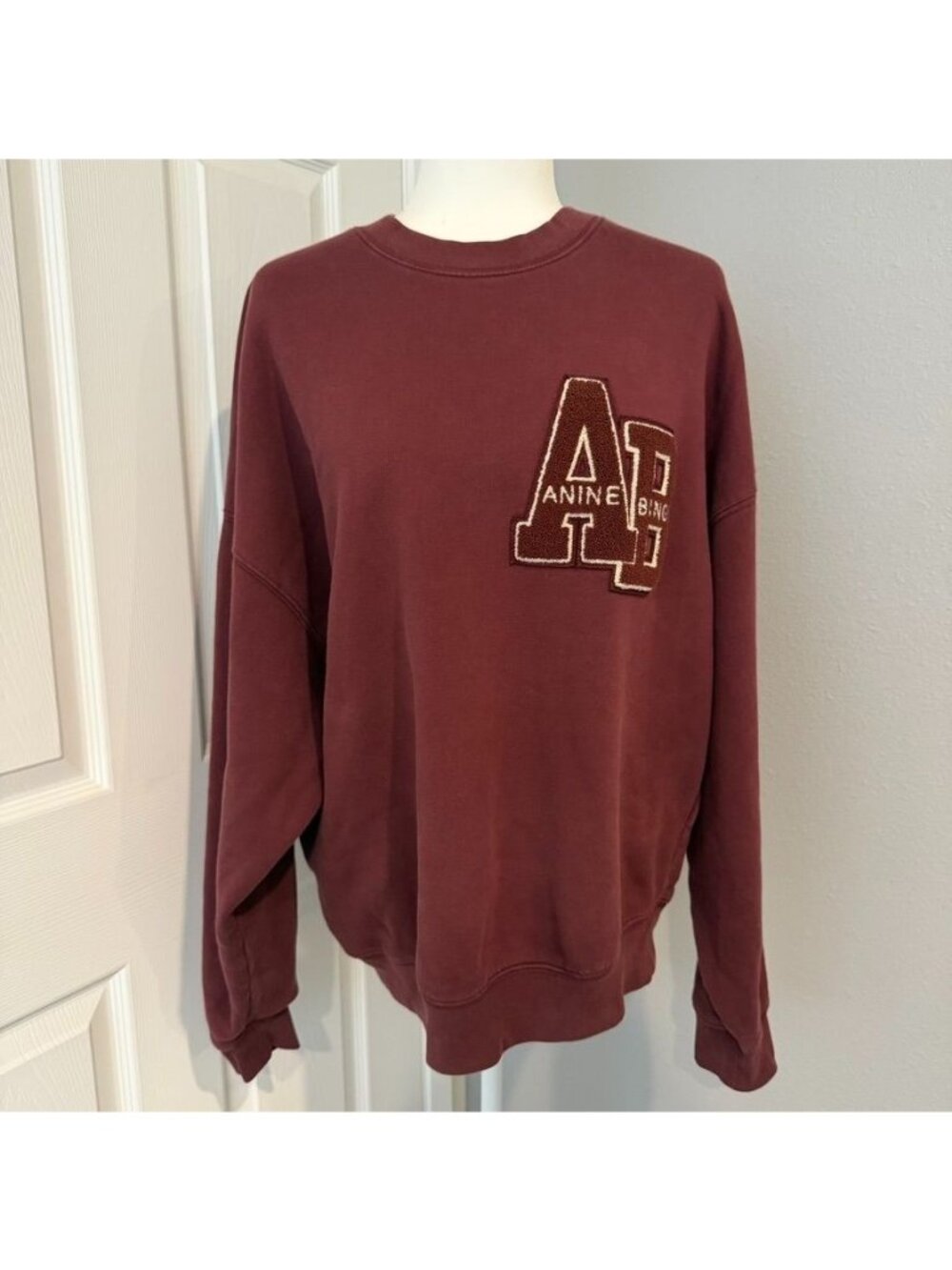 Anine Bing Oversized Letterman Cotton Burgundy Crewneck Sweatshirt Size Small Co